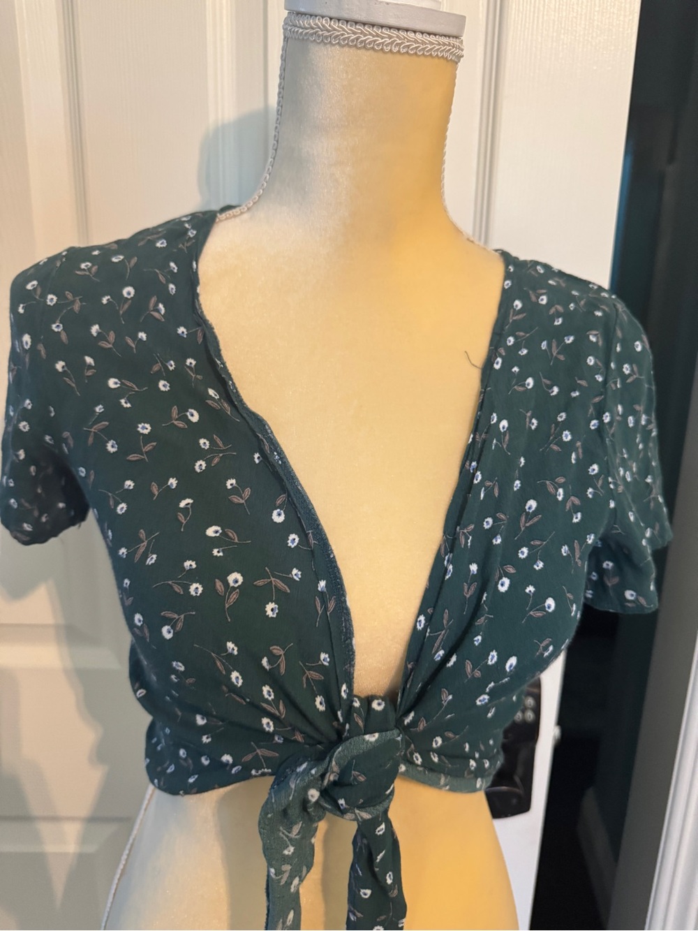 Brandy Melville Green Floral Tie Front Crop Top